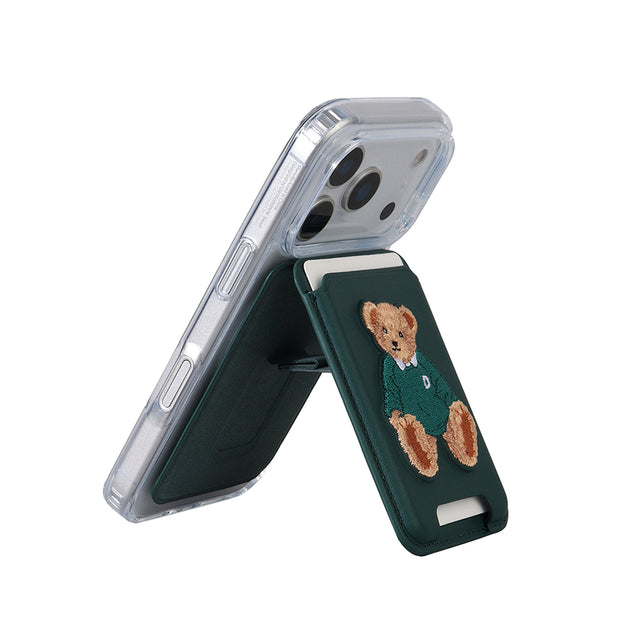 Magsafe Embroidery stand leather pocket(classic)-green/bear/GREEN
